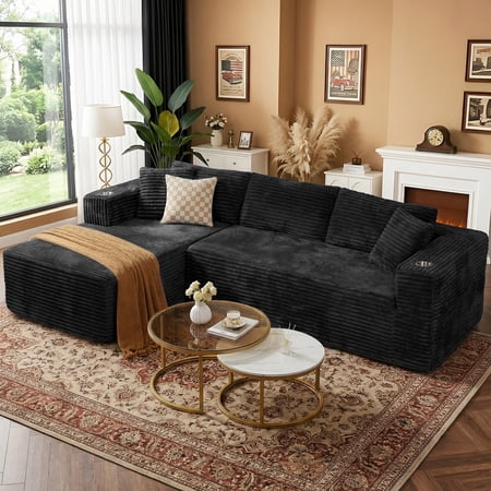 Walsunny Sectional Sofa Boneless Couch L Shaped Modular Corduroy Cloud Couch with Cup Holder for Living Room Black