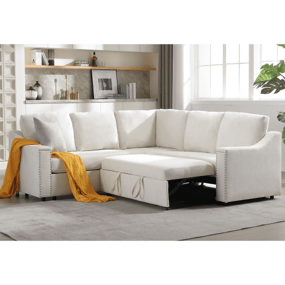 BSHTI L-Shaped Sofa with Pull-Out Sofa Bed,Corner Sofa,Living Room Furniture Set,Sleeper Sofa Bed,Corner Seat for Two with Broaching Sofa,Rivet DeChenille,Beige