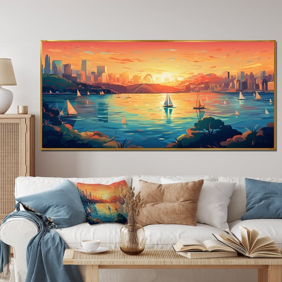 Designart "Sunset Coastlines Sydney Harbor I" Oversized Coastal Framed Wall Art - Coastal Blue Coastal Port Entryway Framed Wall Art Print