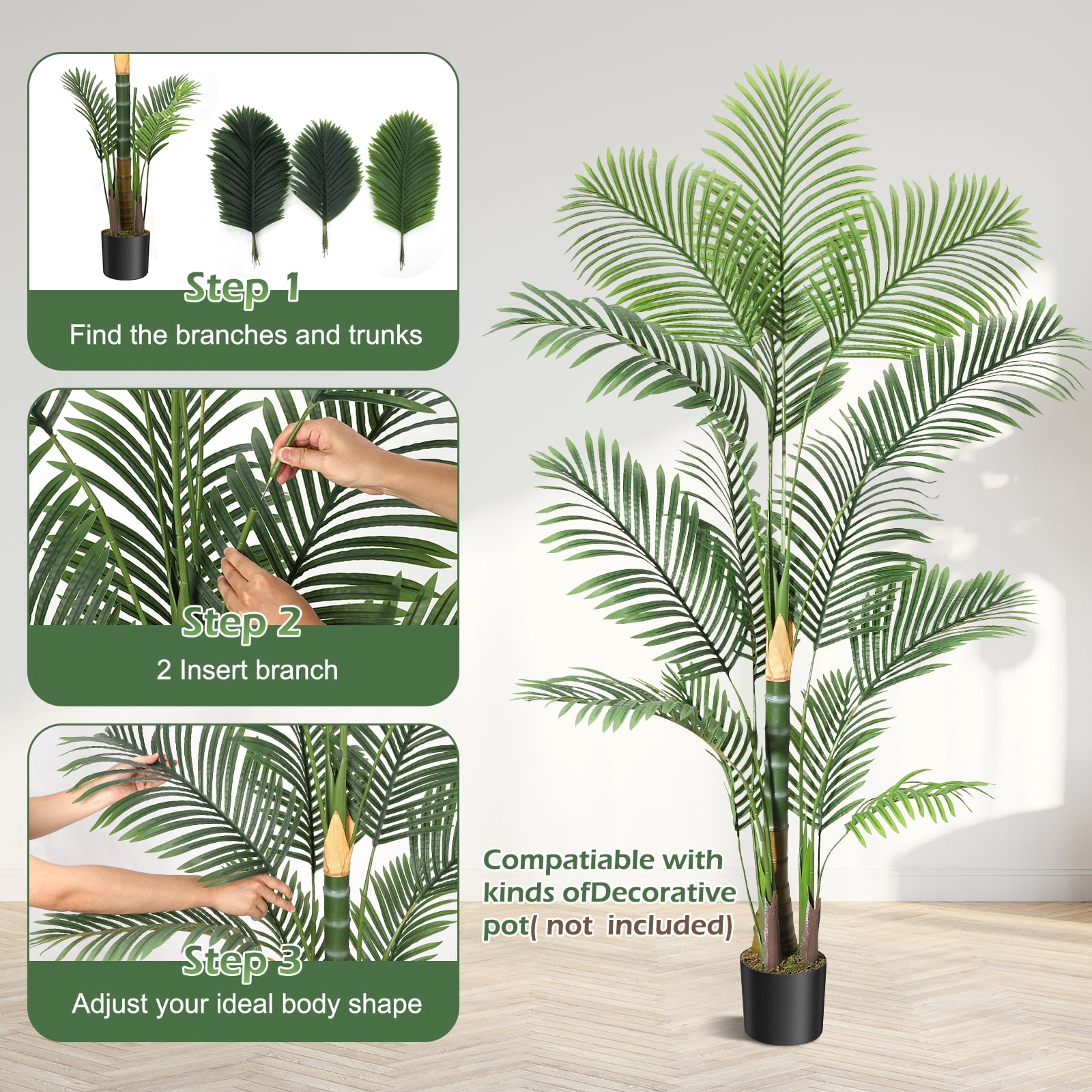 6FT Fake Tropical Palm Plant, Artificial Golden Cane Palm Tree, Pre Potted Faux Greenry Plant for Indoor Outdoor Big House Living Room Outside Patio Office Home Decor