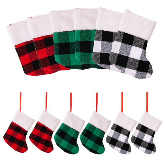 6PCS Buffalo Plaid Mini Mitten Christmas Stockings, Festive Holiday Decor for Tree, Wreath, Mantle - Seasonal Xmas Stocking Ornaments