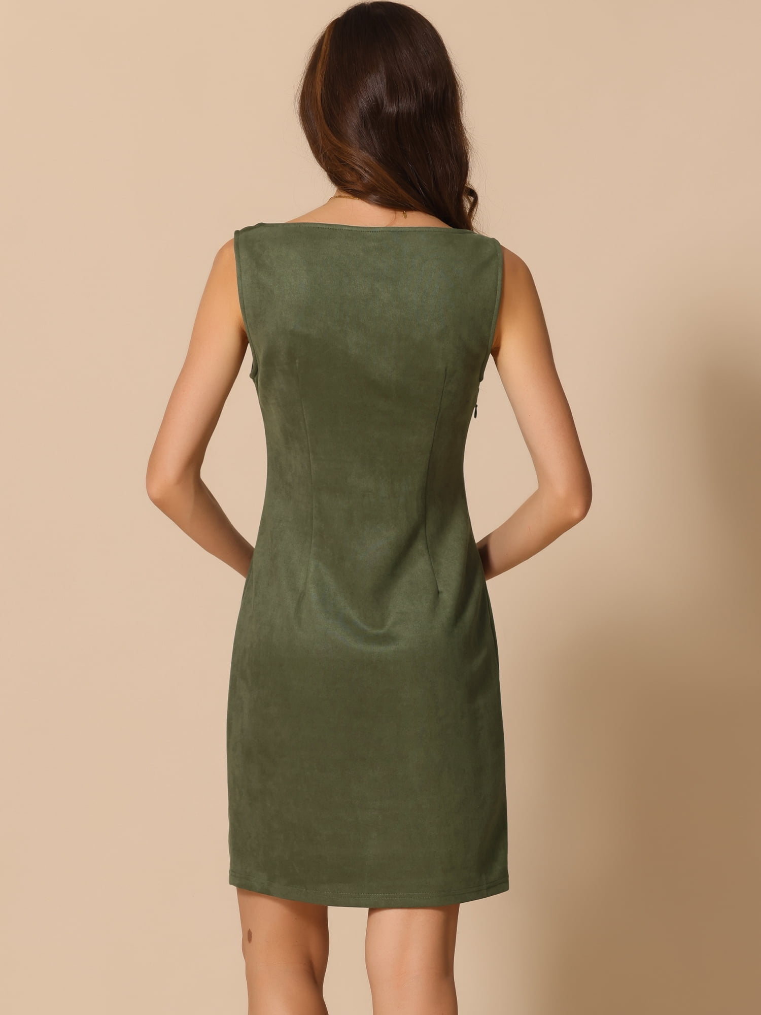 DARING DIVA Faux Suede Boat Neck Sleeveless Sheath Dress XS Army Green