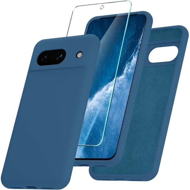 KOMI for Google Pixel 8a Case, Silicone Phone Case with 1 Screen Protector, Soft Anti-Scratch Microfiber Lining, Full Body Shockproof Slim Cover Support Wireless Charging, Navy Blue