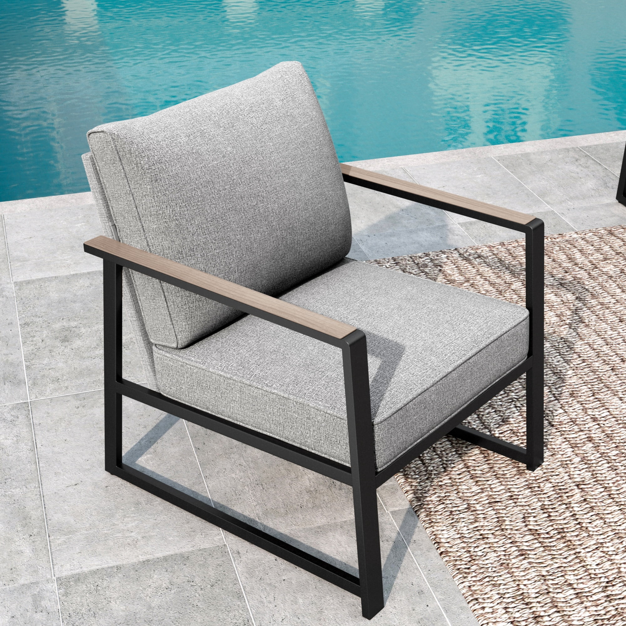 MF Studio 4-Piece Modern Outdoor Patio Furniture Set with All-Weather Cotton-Filled Sling Fabric Sofa Back, Wood-Grain Outdoor Patio Conversation Set with U-Shape Coffee Table, Gray