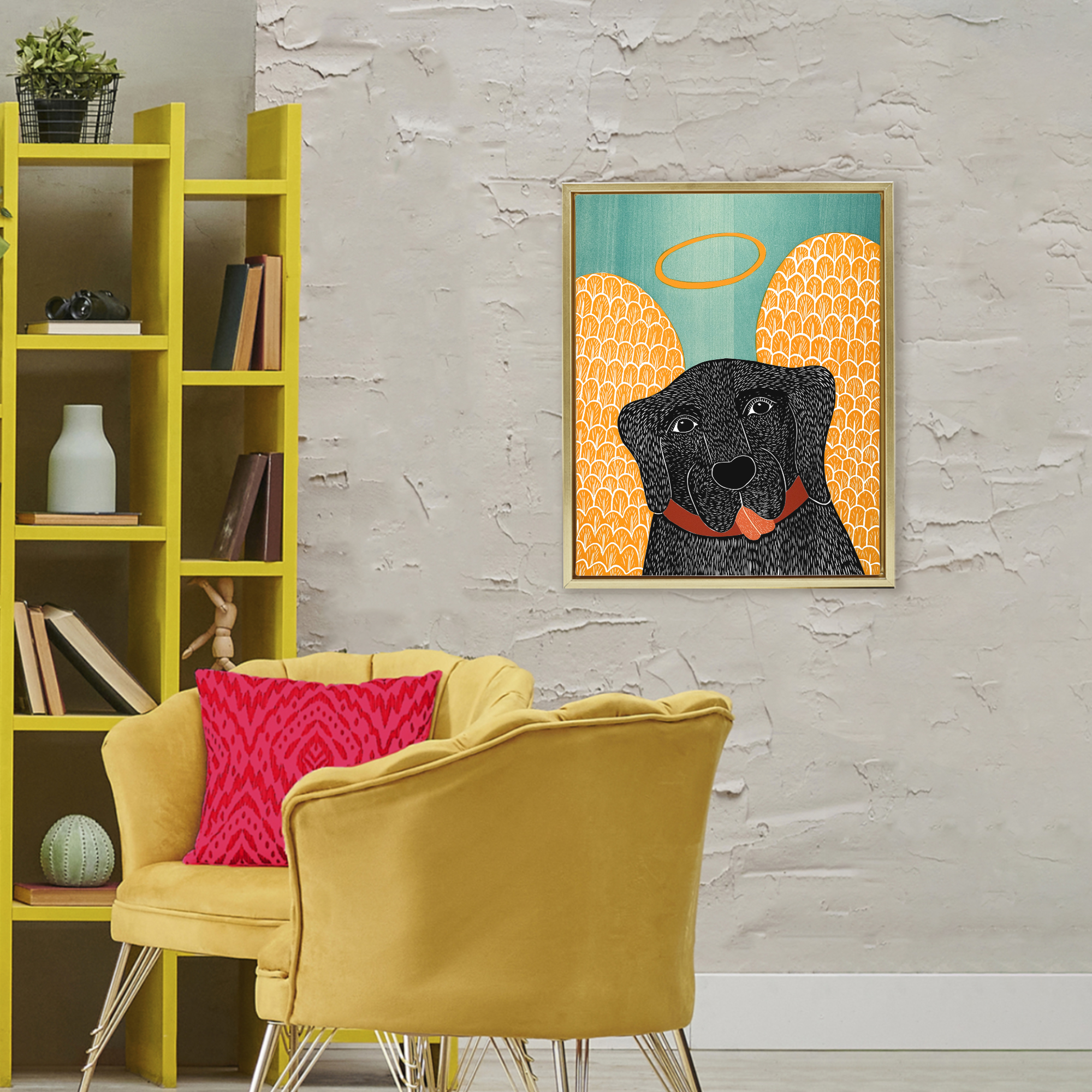 Dog Angel with Yellow Wings Gold Framed Floater Canvas Wall Art, design by Stephen Huneck