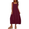 thumbnail image 2 of Women's Summer Floral Boho Maxi Dress Fashion Women Solid Round Neck Sleeveless Beach Dresses Vacation Coverup Pockets DressWine XXL, 2 of 9