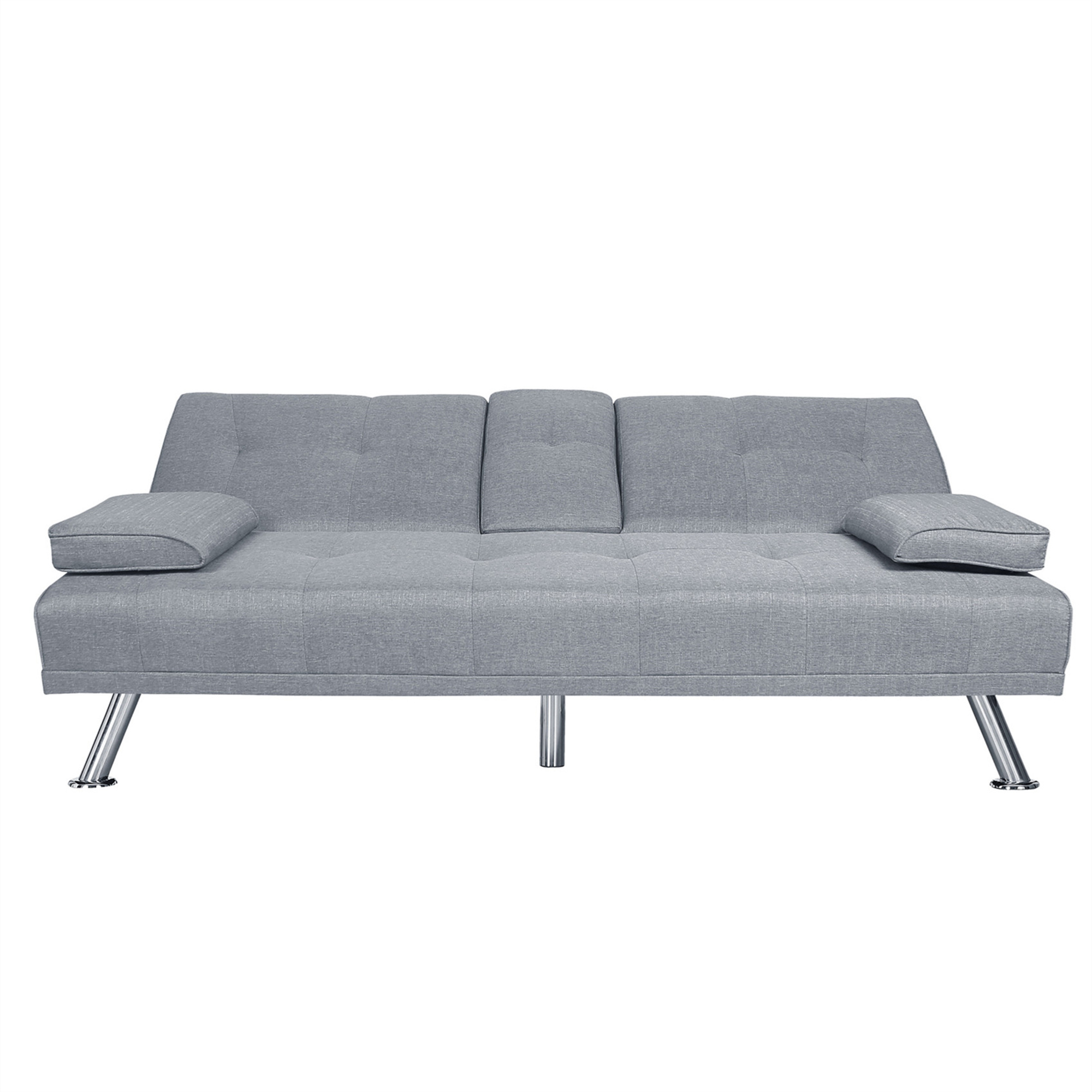 Aukfa Tufted Futon Convertible Sofa Bed for Home Office, 2 Cup Holders, Linen, Light Gray