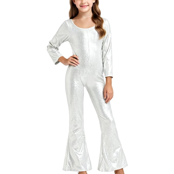 Girls Shiny Bodysuit Metallic Long Sleeve Jumpsuit Flare Leg One Piece Romper for Kids Stage Dance and Festive Celebration Occasions