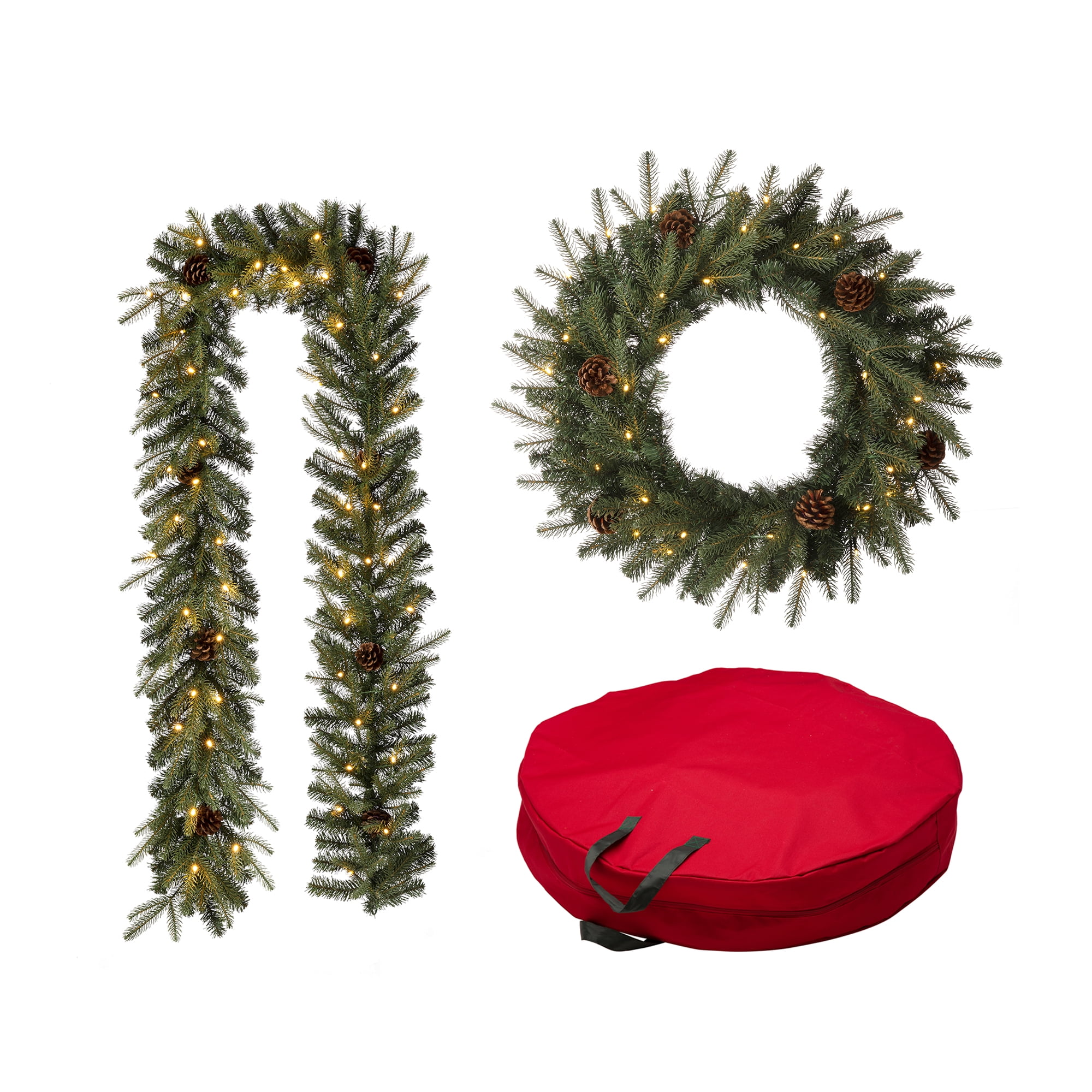 Glitzhome PreLit Greenery Pine Cone Christmas Wreath and Garland Set