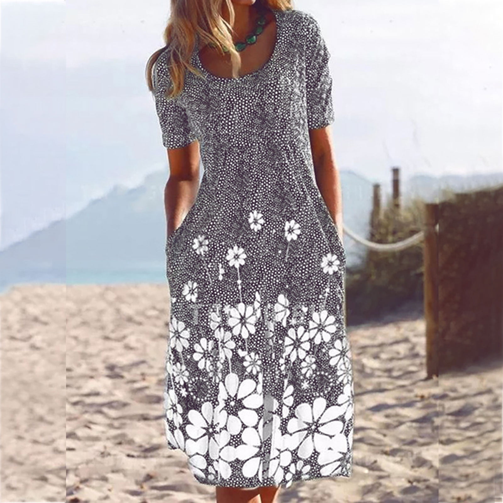 cllios Women's Summer Dress 2023 Print Maxi Dress Short Sleeve Hawaiian ...