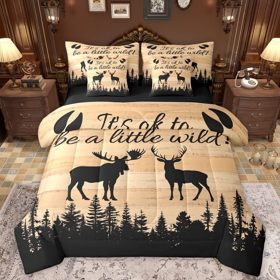Manfei Jungle Wildlife Deer 7-Piece Twin Bedding Sets,Wild Animal Moose Bedding Comforter Set,Brown Black Sheet Sets For Kids,Breathable Home Decor Reversible