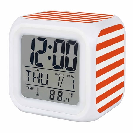 Alarm Clocks Orange and White Stripes Digital Clock 7 Color LED Night Light Silent Non-Ticking Battery Operated Striped Simple Style Cube Clocks for Bedroom Bedside Living Room Office School