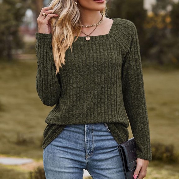 DondPO Long Sleeve Shirts for Women Sweatshirt for Women Women's Long Sleeve T Shirt Fashion Square Neck Tops Solid Color Casual Blouses Womens Tops Plus Size Tops Army Green L