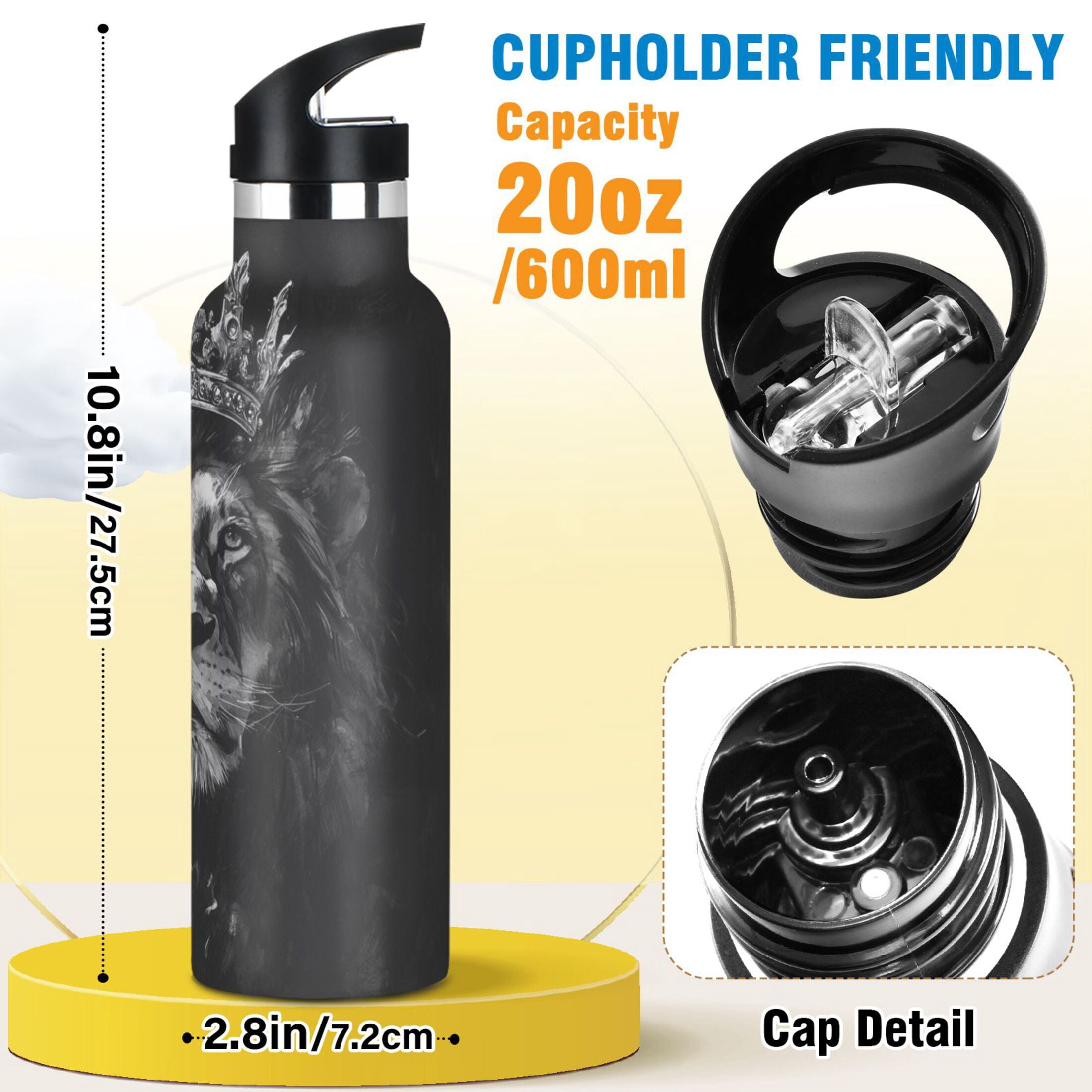 600ML Stainless Steel Insulated Cup Sports Water Bottle Portable Thermos Cup Water Glasses Insulated Tumblers Convenient and Durable Crown Lion
