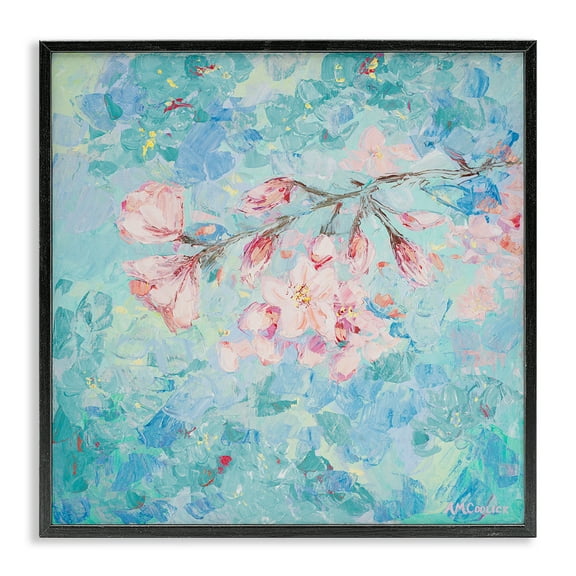 Stupell Industries Cherry Blossoms on Blue Plants & Flowers Painting Black Framed Art Print Wall Art, 12 x 12