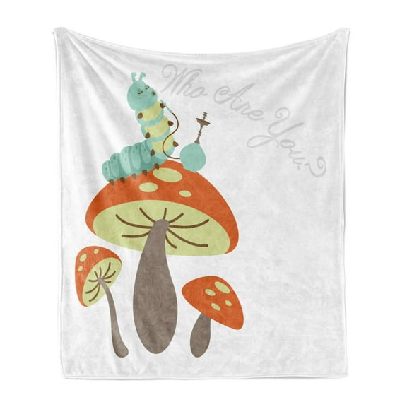 Alice in Wonderland Soft Flannel Fleece Blanket, Hookah Smoking Caterpillar Sitting on a Mushroom and Asking Who are You, Cozy Plush for Indoor and Outdoor Use, 50" x 70", Multicolor, by Ambesonne