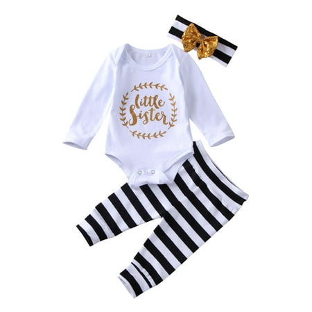 

Canrulo 3PCS Newborn Baby Girls Little Sister Jumpsuit Striped Pants and Headband Fall Clothes Outfits White 3-6 Months