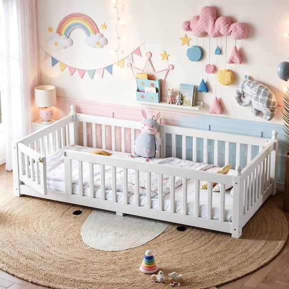 Bellemave Twin Size Floor Bed with Safety Guardrails and Removable Door, Wood Montessori Floor Bed Frame for Bedroom Apartment, White
