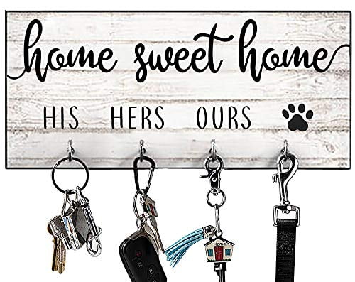Wall Mount His Hers Ours Paws Wooden Key Holder with 4 Key Hooks Decorative Rustic Key Hangers for Entryway Home Farmhouse Decor