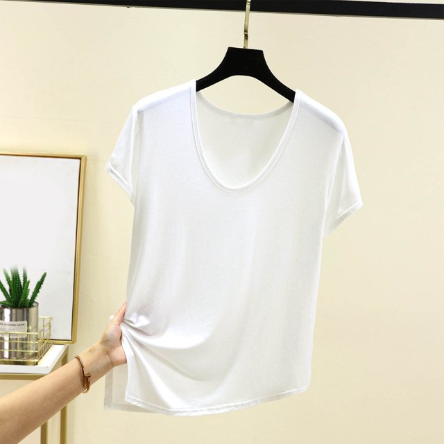 JMKQLZ T-shirt Décontracté pour Femmes à Manches Courtes, Col Rond, Fendu, Couleur Unie, Blouse de Maison