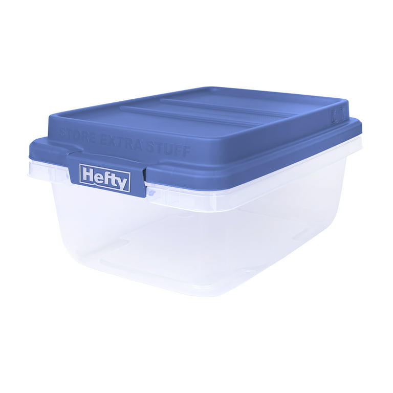 Hefty 18 qt. Clear Plastic Storage Bin with Blue Hi-Rise Lid, 8 Pack