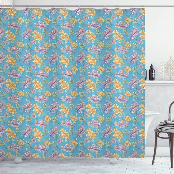 Feather Shower Curtain, Pattern of Repeating Colorful Abstract Bird Plumage, Fabric Bathroom Set with Hooks, 69W X 84L Inches Extra Long, Deep Sky Blue Multicolor, by Ambesonne