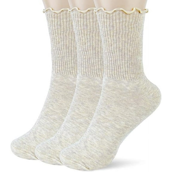 ERDOUY 3pcs Womens Cotton Socks - Ruffle Turn Cuff Sock - Casual Crew Frilly Sock（Milky white）
