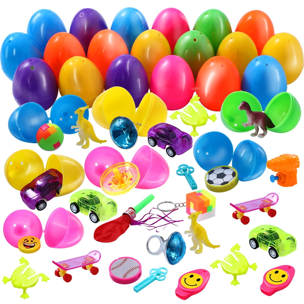 Carnivals 80 Pcs Filled Easter Eggs Toys Kids Party Favors 2.5 Bright Colorful Prefilled Plastic Surprise Eggs with 20 Kinds of Popular Toys for Easter Theme Party Pinatas Goodie Bags Birthday 