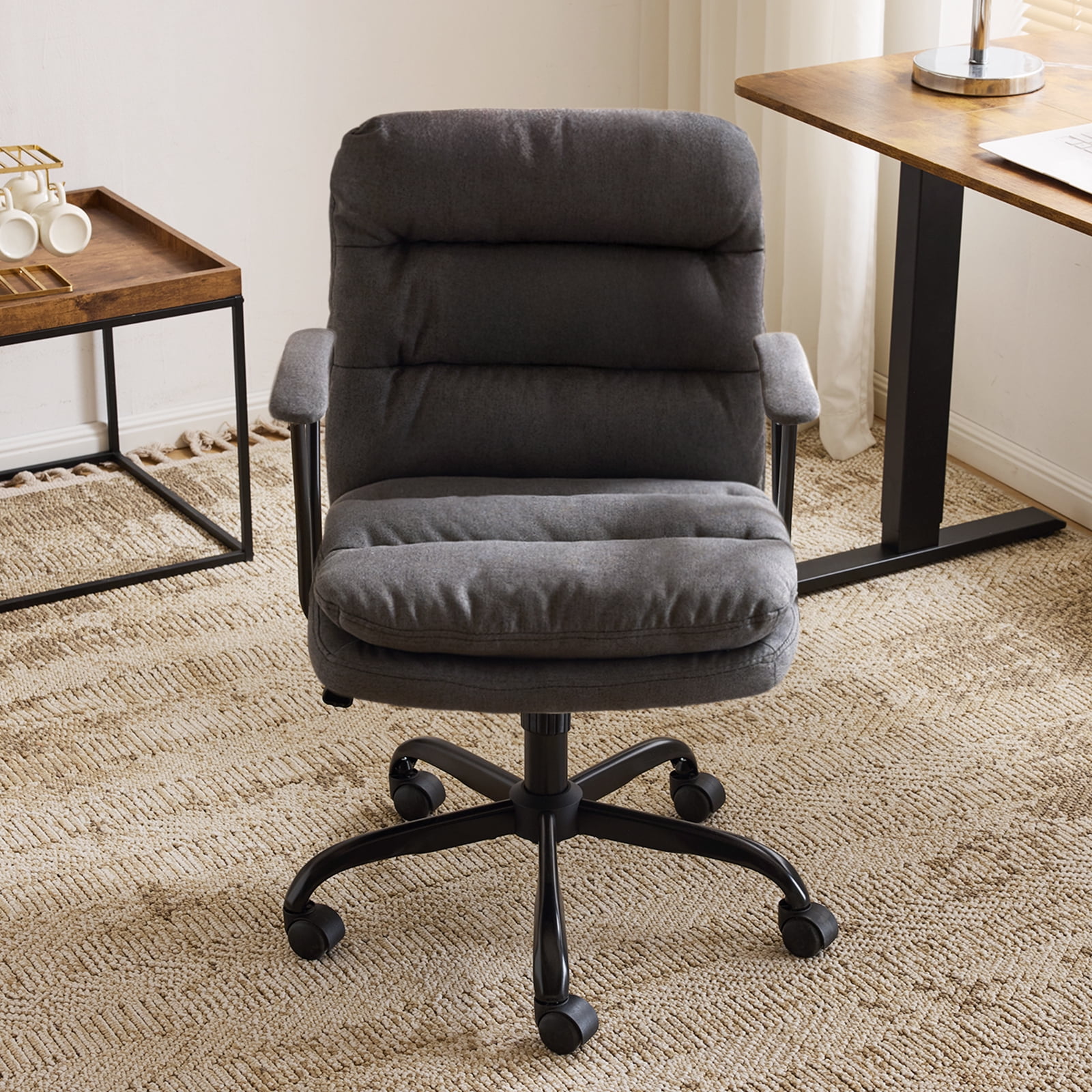 Ktaxon Office Chair with Armrests, Linen Fabric Desk Chair with Wheels, Swivel Task Chair for Study Room or Dressing Vanity Area Dark Gray