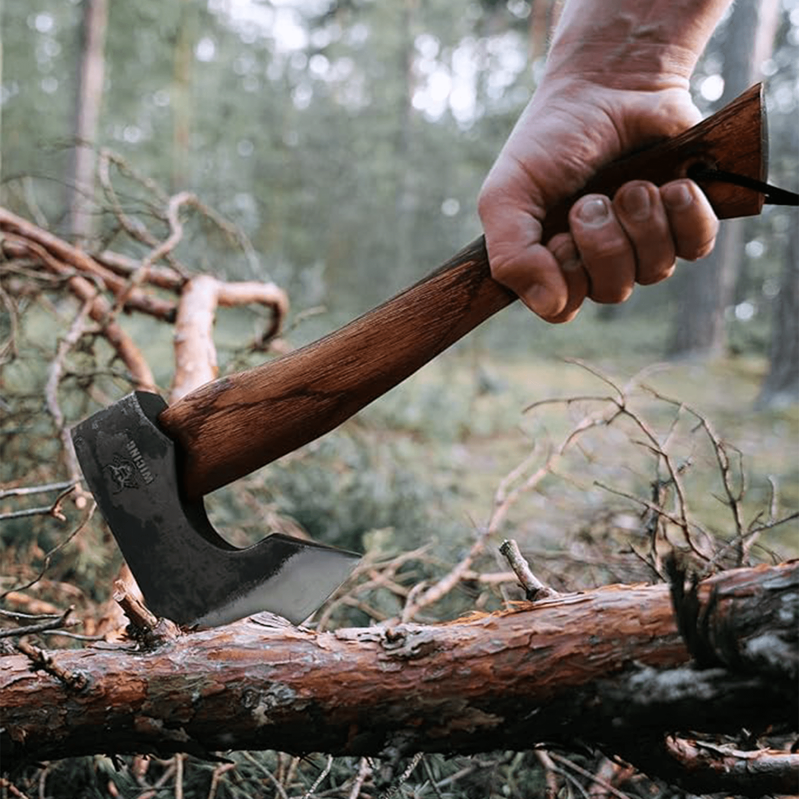 WICING 13.5" Camping Hatchet with 1065 Carbon Steel Head Beech Wood Handle and Leather Sheath for Camping Bushcraft Wood Chopping and Outdoor Use