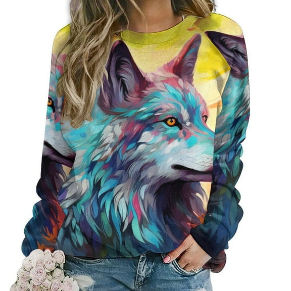 Colorful Lone Wolf Womens Oversized Sweatshirts Hoodies Crewneck Casual Tops Comfy FallWinter Clothes 2024