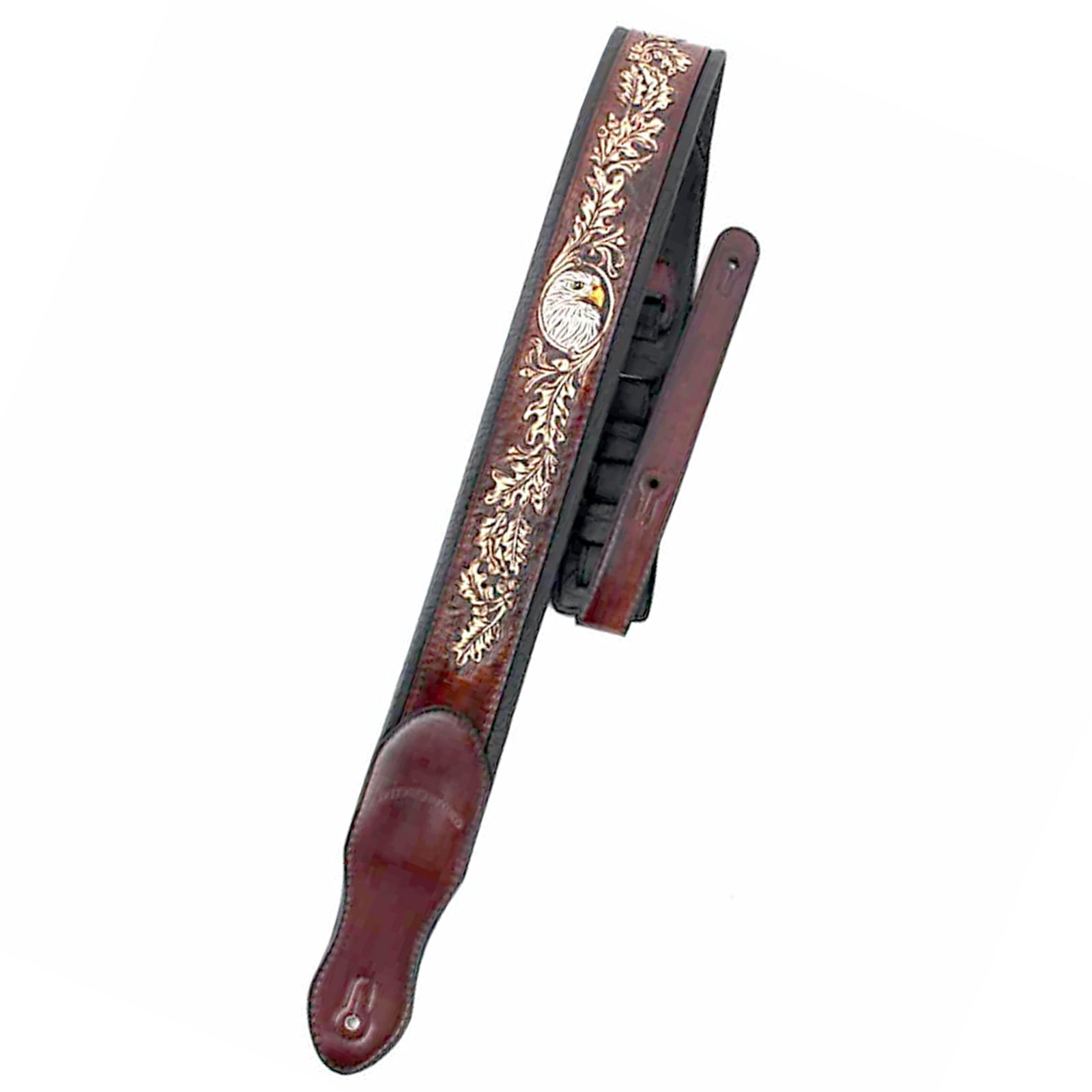 Walker & Williams KB-03-BRN Dark Walnut Brown Full Grain Center Block Carving Leather Padded Guitar Strap With American Eagle & Oak Leaves