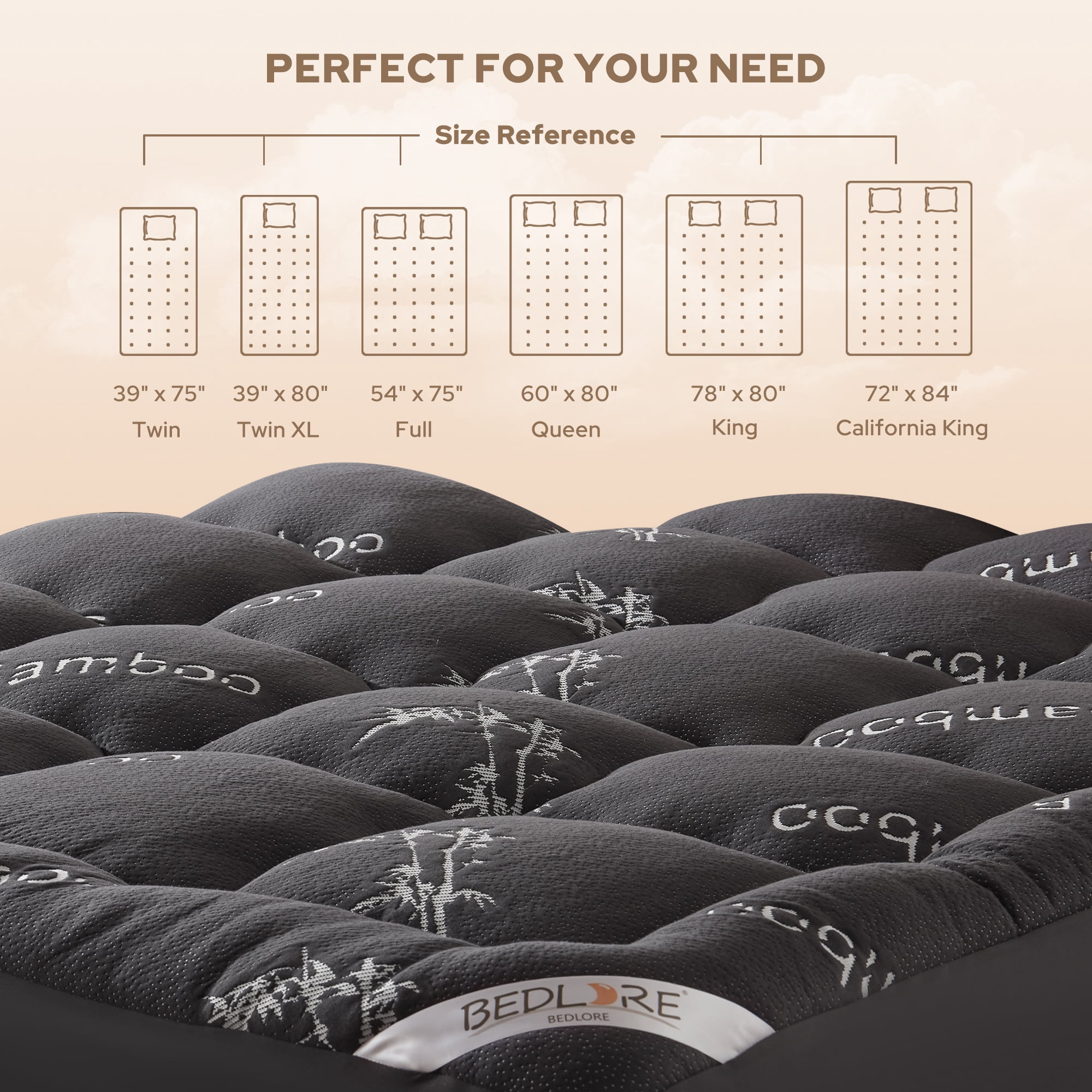 BEDLORE Full Mattress Topper, Bamboo Pillow Top Pad for Back Pain Relief, Thick Soft Mattress Cover with Deep Pockets 6-15 inch(Grey)