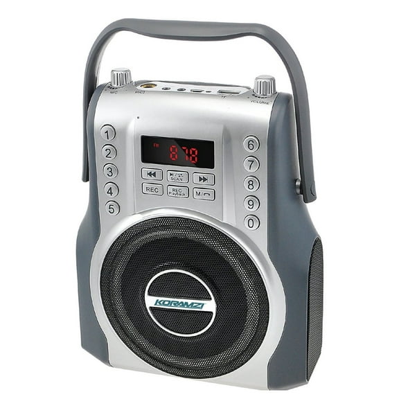 Koramzi Karaoke Portable Rechargeable Boombox with Bluetooth, FM Radio, AUX In, Electric Guitar Input (Silver)