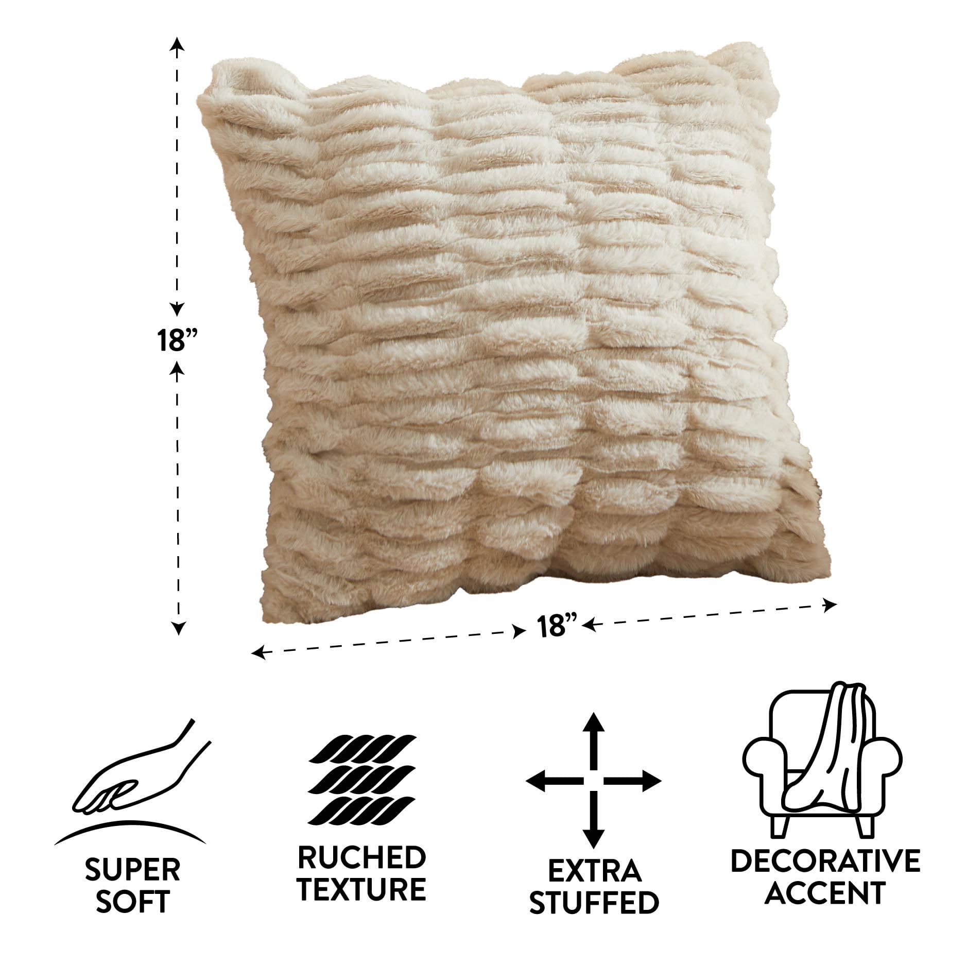 Mainstays 18" x 18" Papyrus Beige Ruched Fur Decorative Throw Pillow