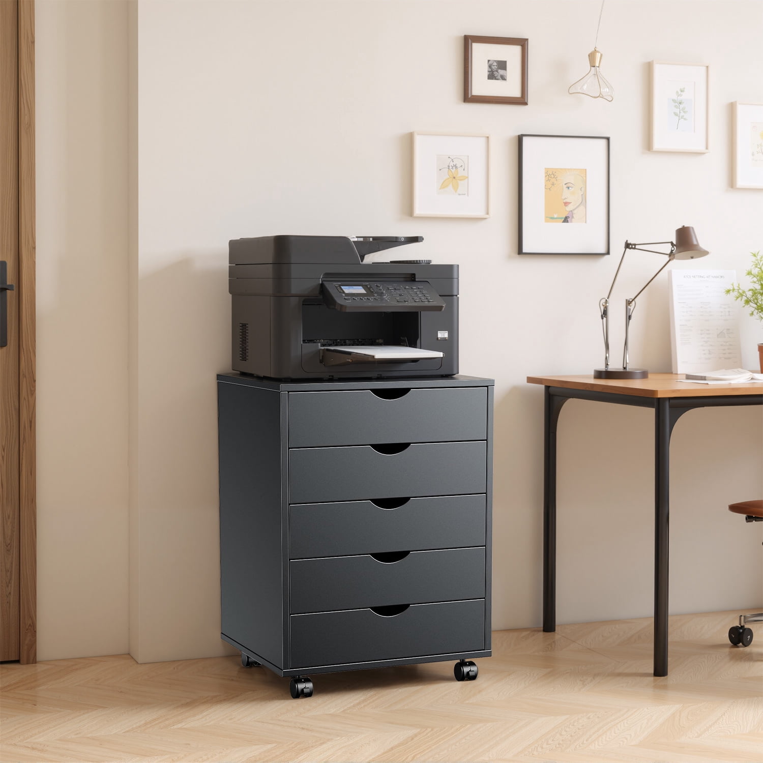 Simenmax 5 Drawer Chest Mobile Storage Cabinets Wooden Dresser with Wheels Room Organization Furniture for Office, Black