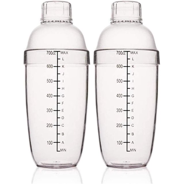 FEOOWV 2 Pcs Plastic Cocktail Shaker,Drink Mixer Hand Shaker Cup with Scales,Bar Tool Transparent (24 oz / 700cc)