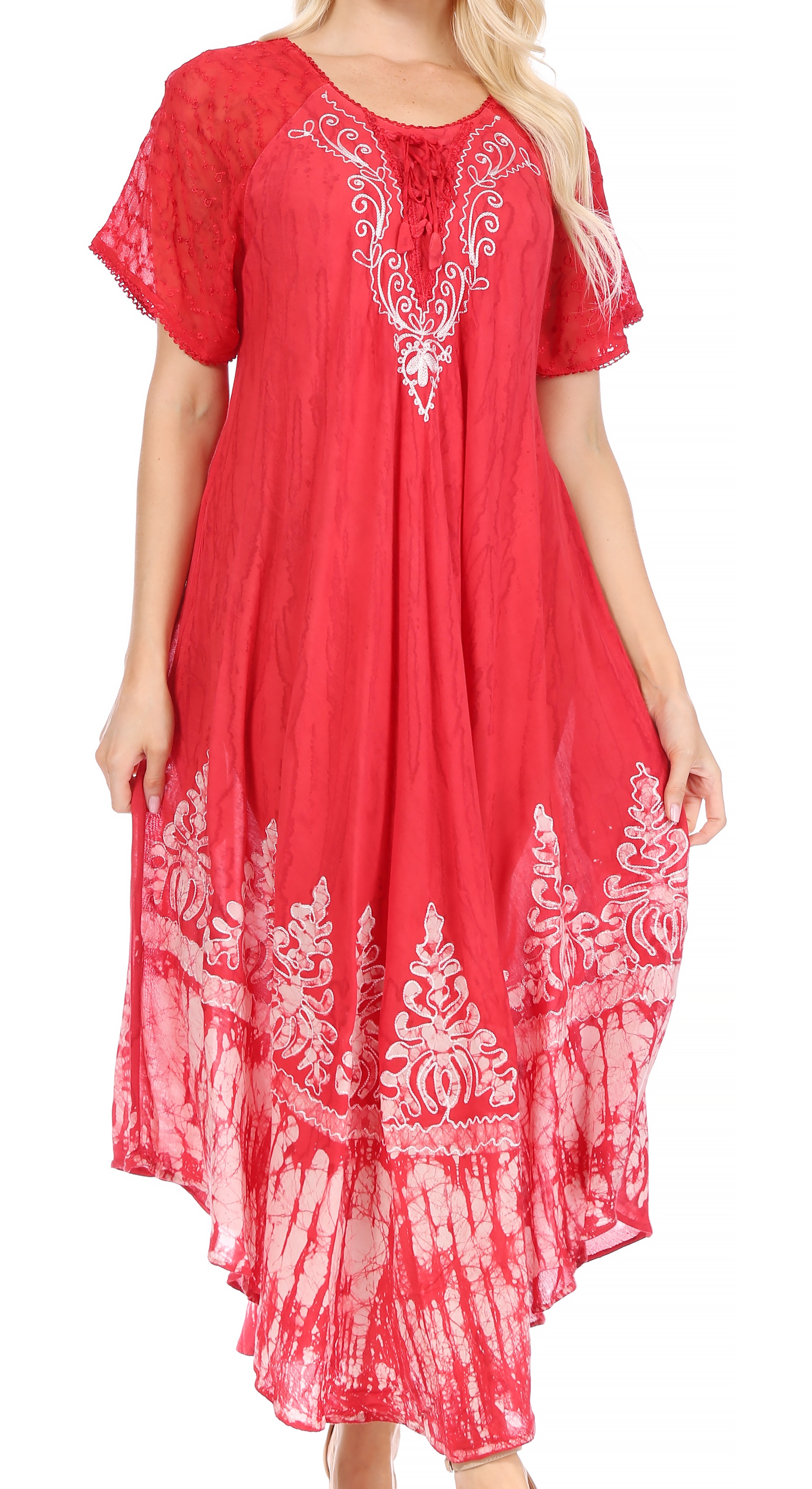 Caftano Lungo Tie Dye Sakkas Melika | Abito Estivo Fluido Con Ricami E Lacci | Taglia Unica 0-16 US | 100% Rayon