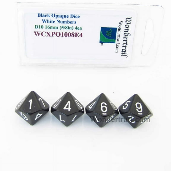 Black Opaque Dice with White Numbers D10 Aprox 16mm (5/8in) Pack of 4 Wondertrail