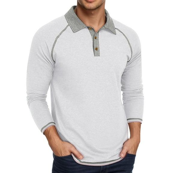 MIXUE Polo Shirts For Men Summer Solid Color Lapel Button Down Long Sleeve Slim Fit Casual Daily-Wear,White,XL