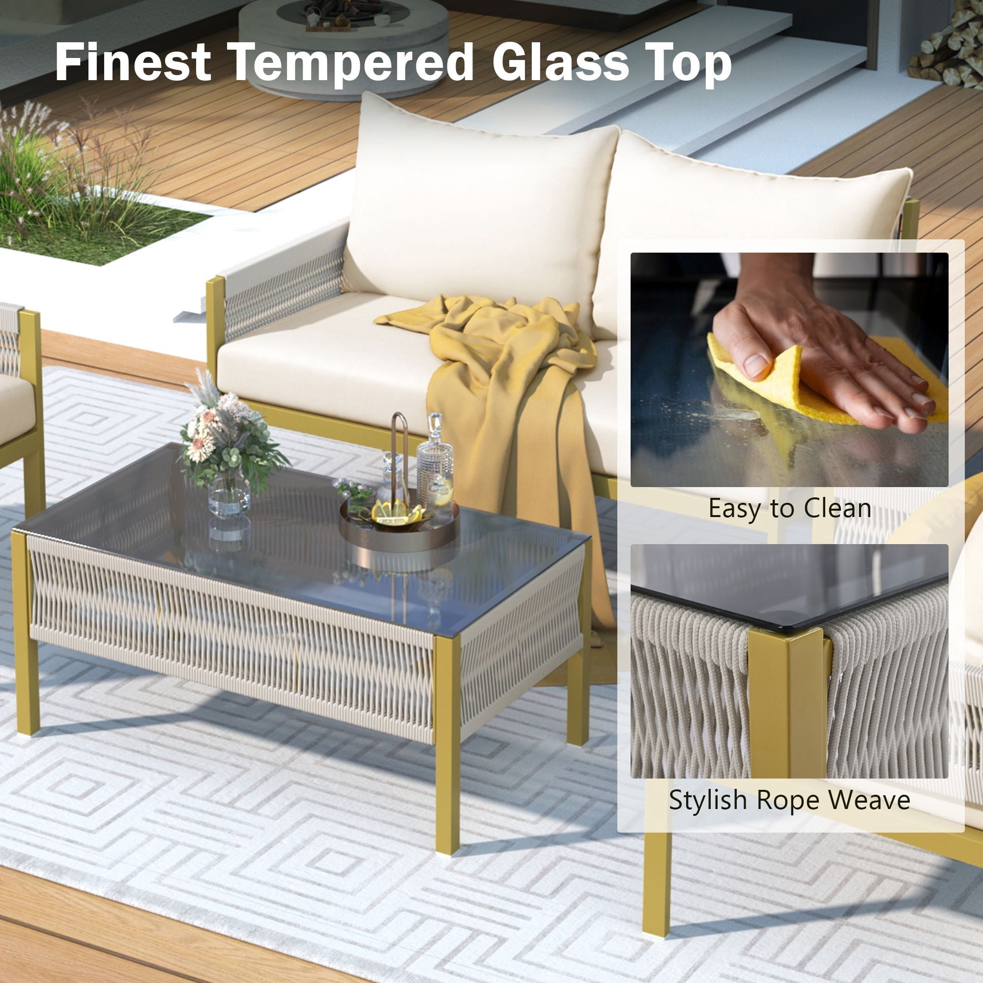 DEALTOPS 4-Piece Rope Patio Furniture Set, Outdoor Furniture with Tempered Glass Table, Patio Conversation Set Deep Seating with Thick Cushion for Backyard Porch Balcony-Beige&Mustard Yellow