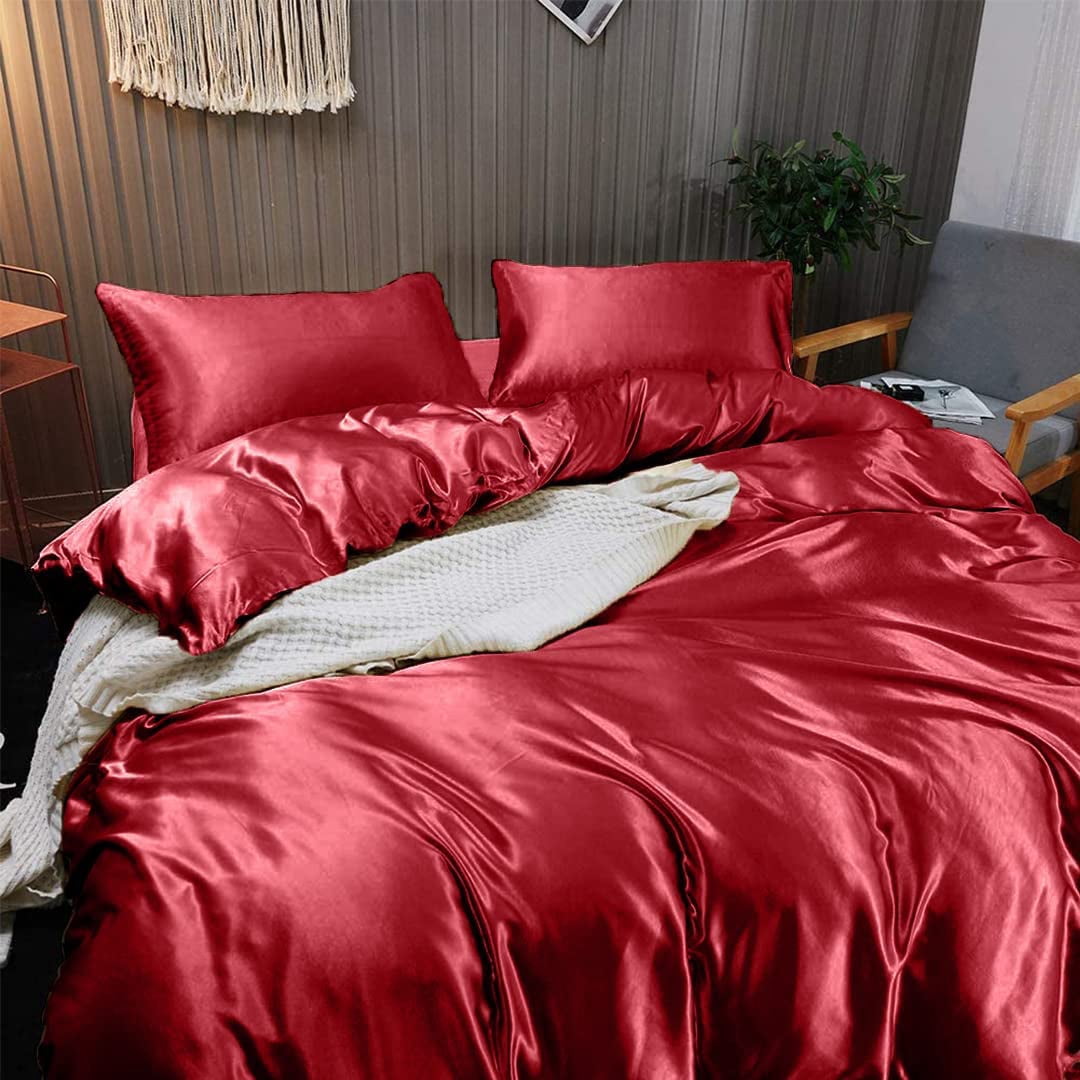 Cloud Fino Silk Satin Comorter | Box Stitched | 300 GSM Filling | All-Season Comforter | Luxurious Hotel Quality Quilt (Burgundy,Full/Queen)
