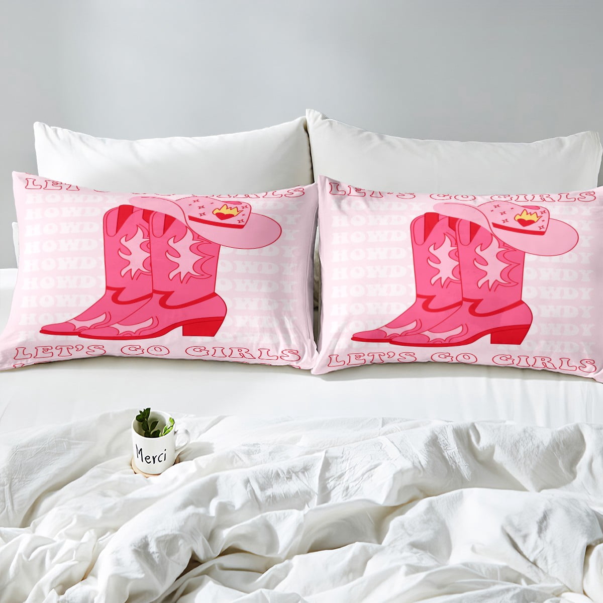 Cowgirl Bettwäsche-Set Einzelbett Für Mädchen – Western-Design Mit Stiefeln & Schleifen, Rosa/weiß, Bezug + Kissenbezug