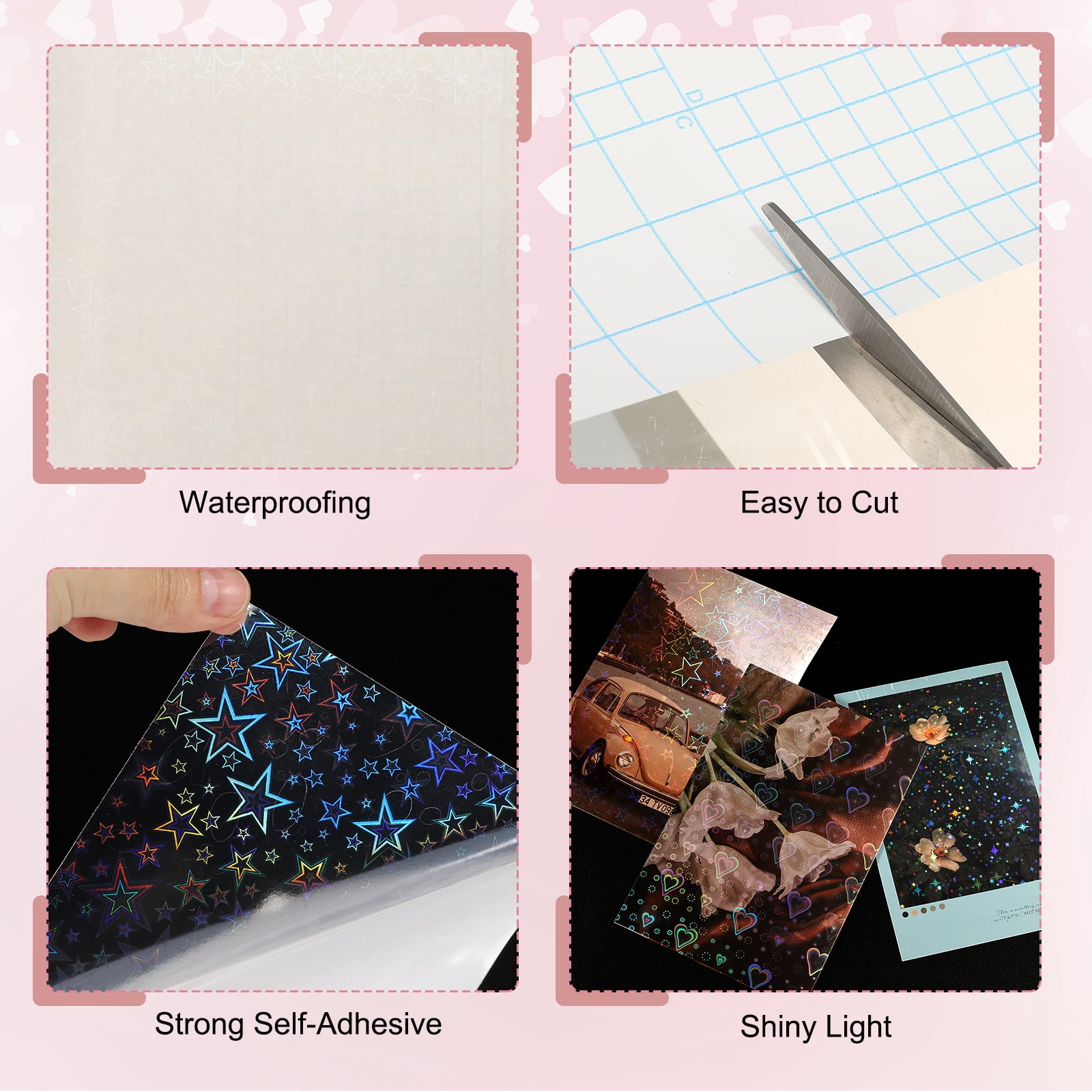 Uxcell 22 Sheets Holographic Sticker Paper, 8.3" x 11.7" Holographic Self-Adhesive A4 Transparent Waterproof Laminate Overlay Film for Photo Cards Scrapbook Decorations(Five-point Star)
