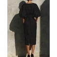 thumbnail image 2 of Womens Elegant Black Midi Dress, Boat Neckline, Puff Sleeves, Pleated Waist, 2 of 6