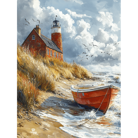 Seascape Lighthouse and Boat Canvas Painting, Perfect for Living Room, Bedroom, Office, Bathroom, and Hallway Decoration.