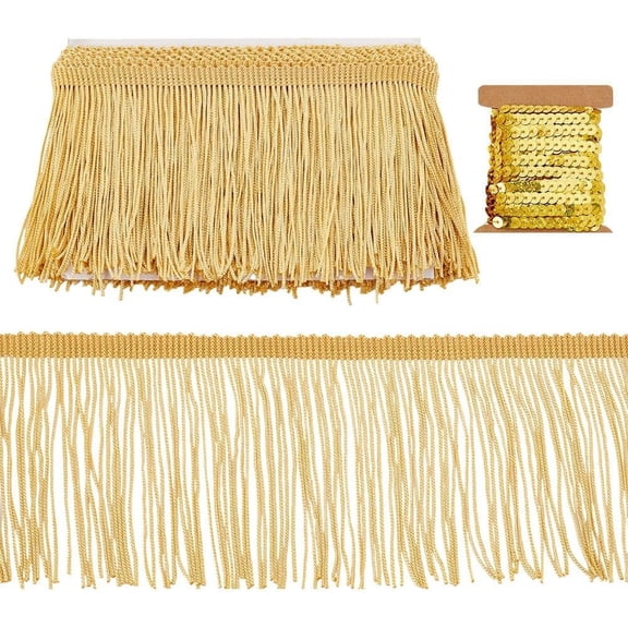 10 Yards Gold Fringe Trim 2 Styles Fabric Tassel Trim with Sequins Sewing Trim for Latin Wedding Dress DIY Crafts Clothes Accessories Party Decoration Gold 1set