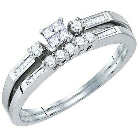 Ladies Invisible Set Dazzlingrock Collection 0.29 Carat (ctw) 10k Princess, Round And Baguette Invisible Diamond Ladies Engagement Ring Set, White Gold ()