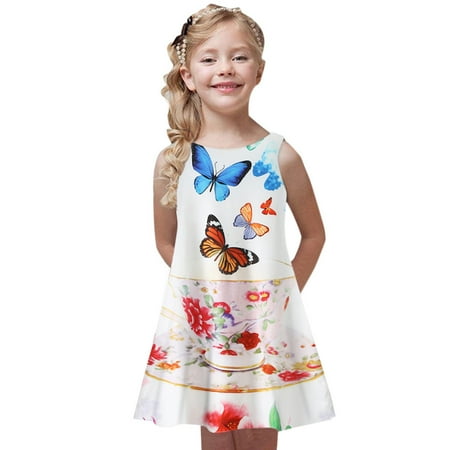 

kpoplk Short Sleeve Toddler Dress Printing Party Baby Princess Summer Sleeveless Girls Dress Toddler Dresses Kids Girls Dresses(Blue)