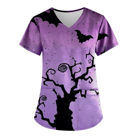 

TQWQT Women s Halloween Printed Scrub Tops Plus Size Printed Scrub Tops V-Neck Fun T Shirts Workwear Nurse Uniform Tee with Pockets Dark Purple XXXXL